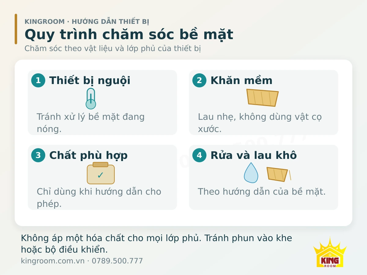 Các bước chăm sóc vòi sen gồm lau nhẹ, rửa lại và lau khô theo hướng dẫn bề mặt