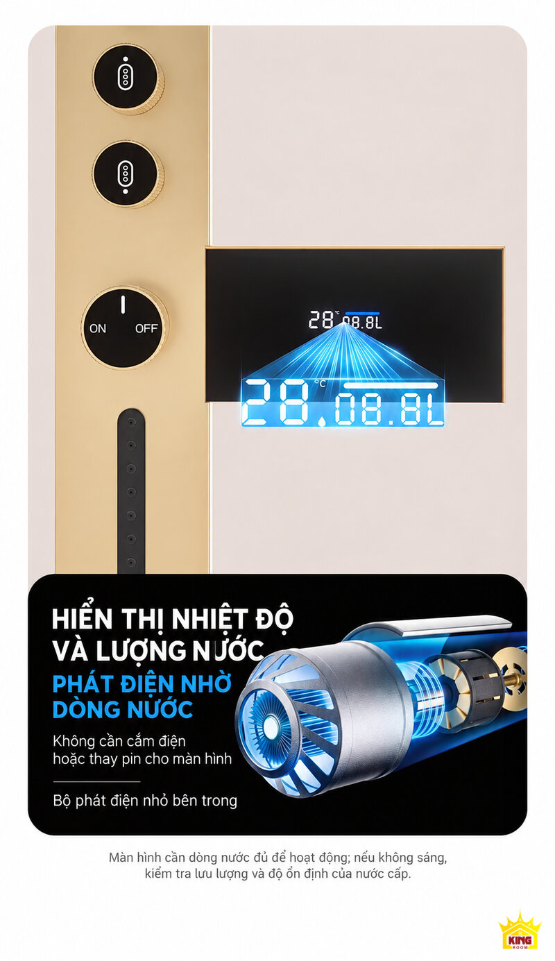 Màn hình sen tắm cột KINGROOM 84003 hiển thị nhiệt độ và lượng nước với bộ phát điện dòng nước