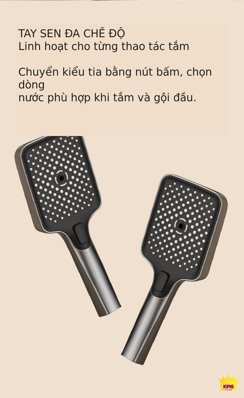 Hai góc cận cảnh tay sen KINGROOM và nút chuyển chế độ
