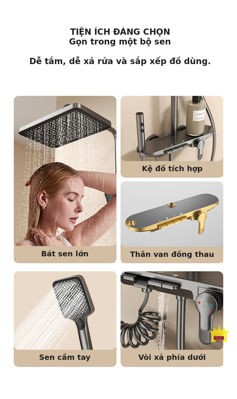 Ảnh tổng hợp bát sen, kệ đồ, thân van đồng thau, tay sen và vòi xả KINGROOM