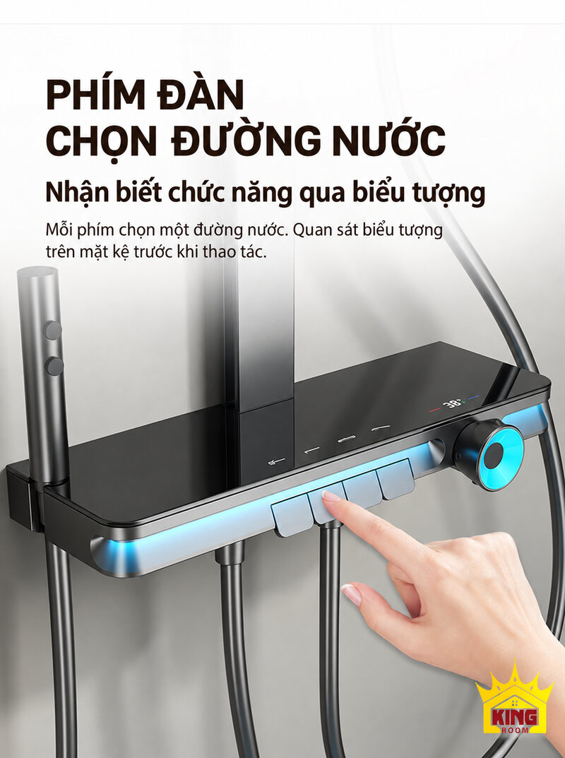 Thao tác bấm phím trên cụm điều khiển sen cây KINGROOM