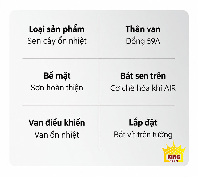 Bảng vật liệu sen cây KINGROOM gồm thân van đồng 59A, bề mặt sơn và van ổn nhiệt