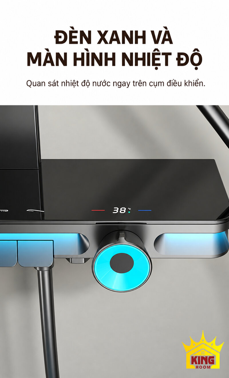Cụm sen cây KINGROOM có viền đèn xanh và màn hình đang hiển thị 38 độ C