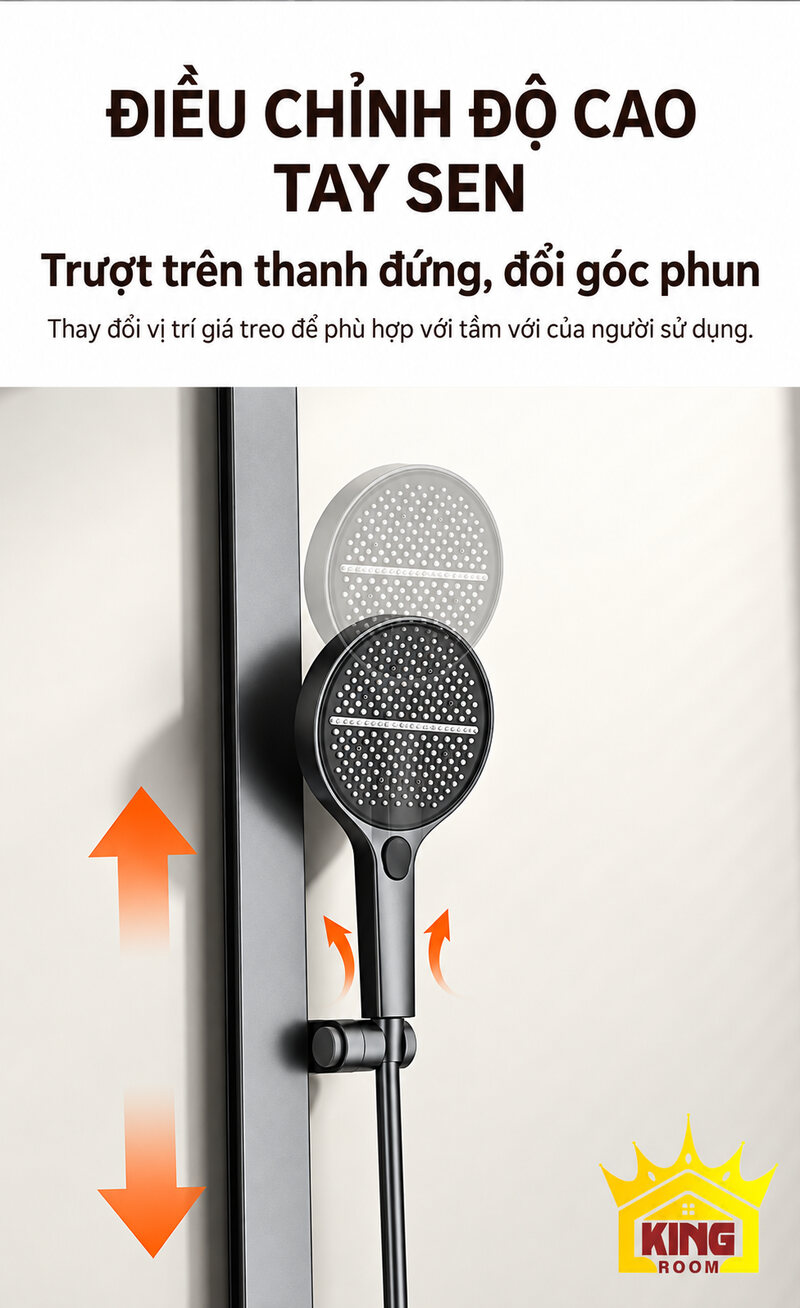 Giá treo tay sen KINGROOM trượt trên thanh đứng để đổi độ cao và góc phun