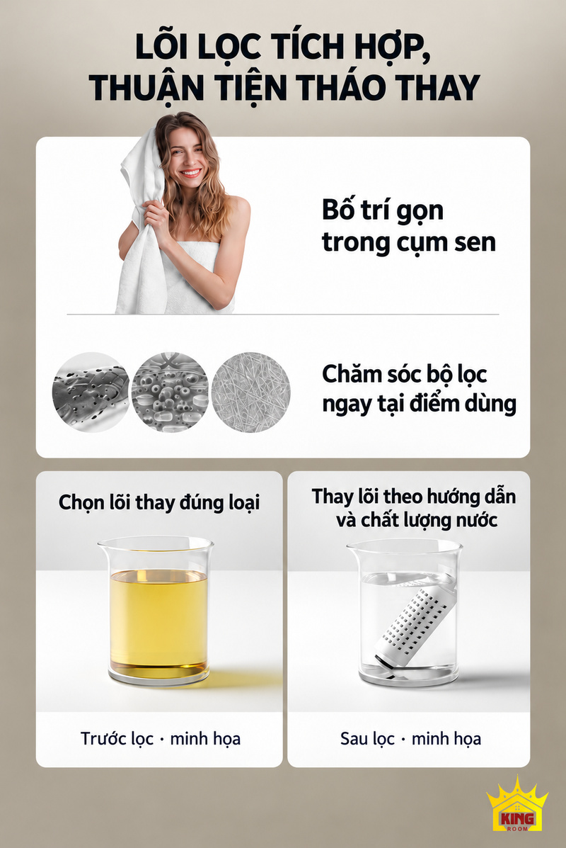 Minh họa lọc nước và hướng dẫn thay lõi trên sen cây KINGROOM H2