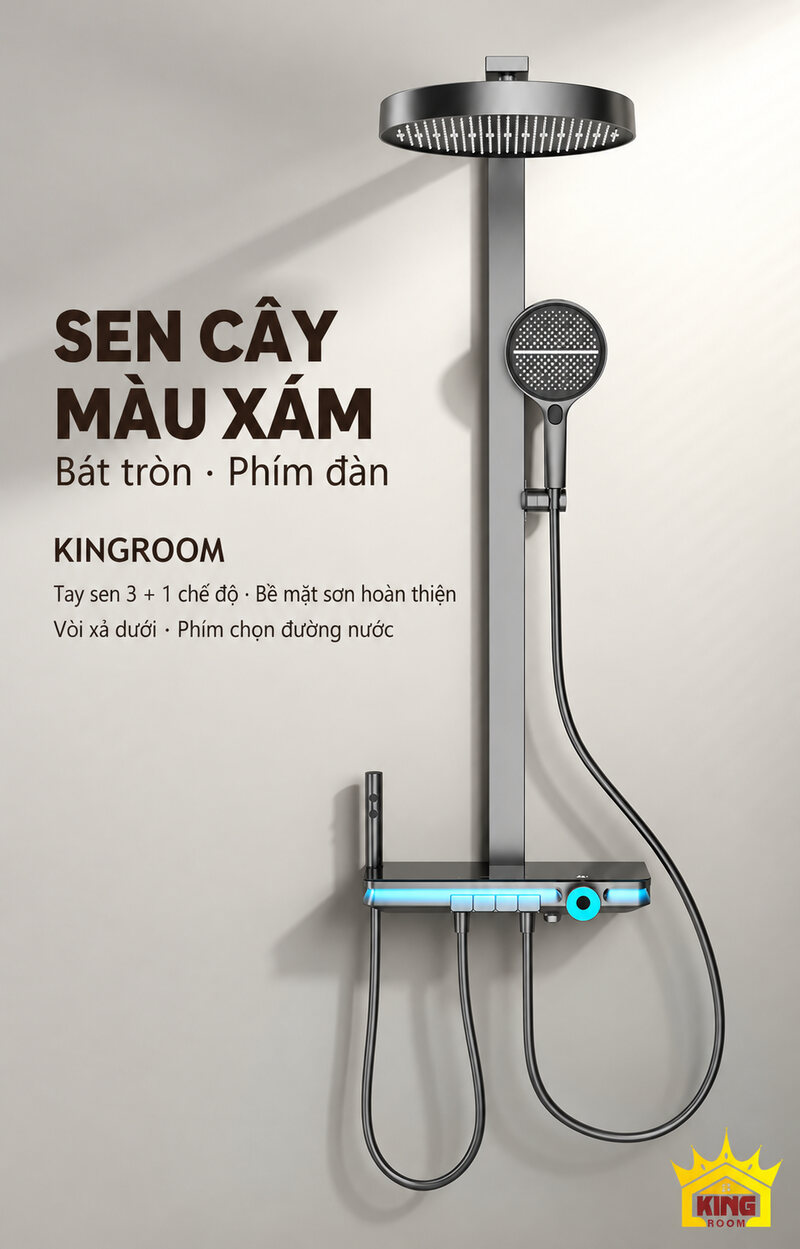 Sen cây KINGROOM màu xám bát tròn với tay sen đa chế độ và kệ điều khiển