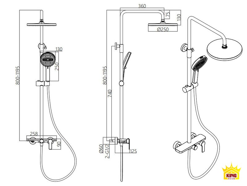 Bản vẽ kích thước bộ sen Bản vẽ sen cây KINGROOM với bát sen 250 mm, chiều cao 800–1195 mm và đầu nối G1/2
