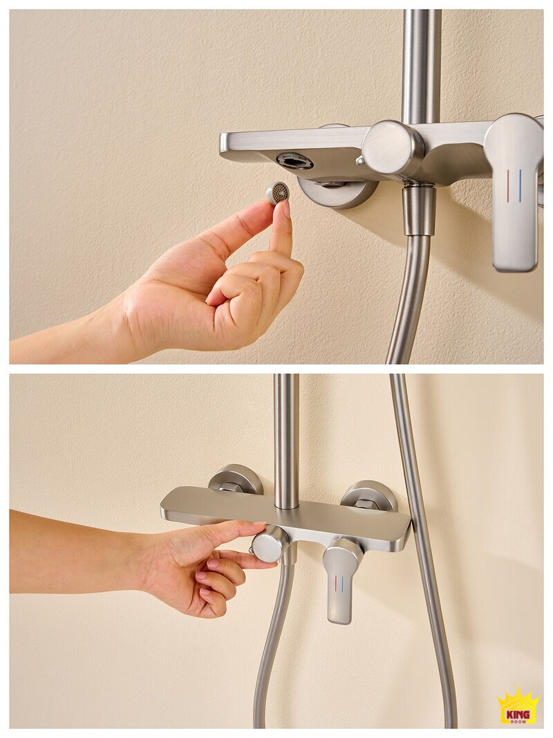 Chi tiết thao tác điều khiển Hai hình thao tác tại nút dưới vòi xả và núm chuyển nước của củ sen KINGROOM