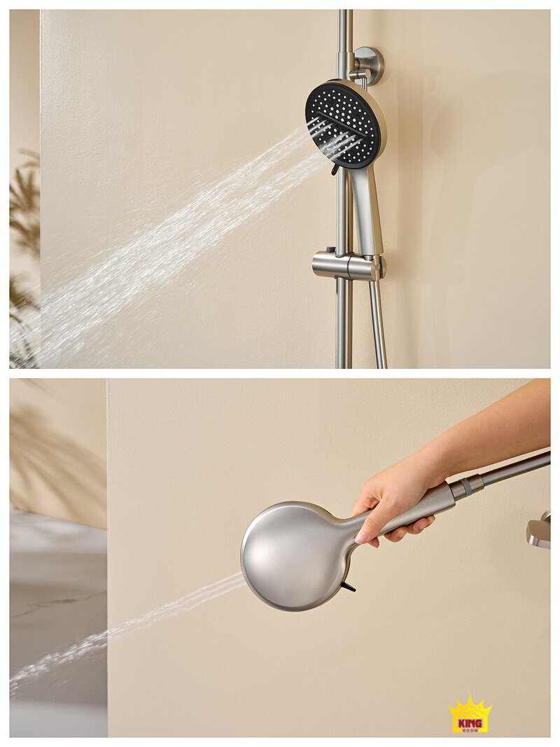 Dòng xịt từ mặt lưng tay sen Tay sen KINGROOM phun nước khi gắn trên giá đỡ và khi dùng khe xịt ở mặt lưng