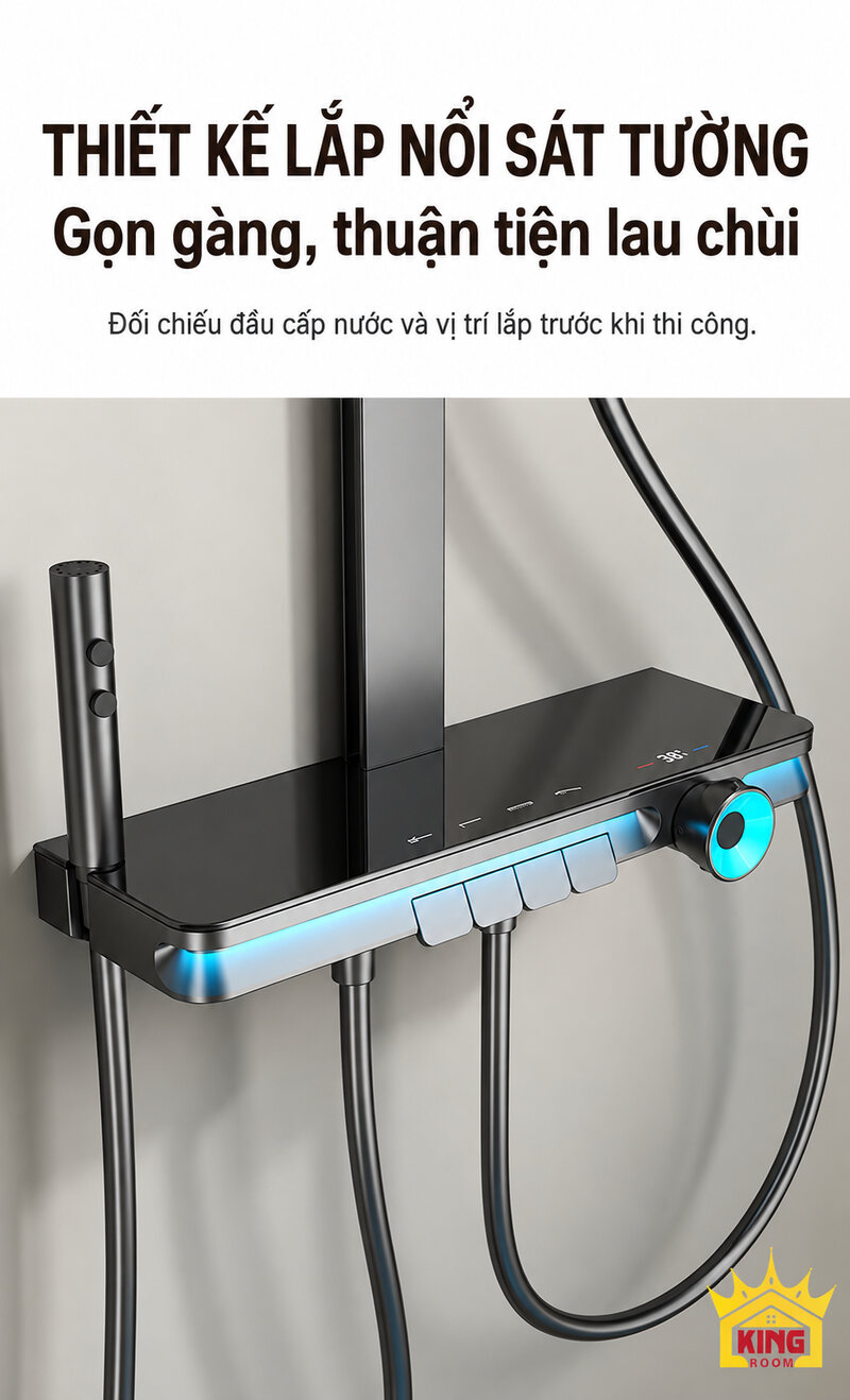 Cụm điều khiển sen cây KINGROOM lắp nổi trên tường phòng tắm