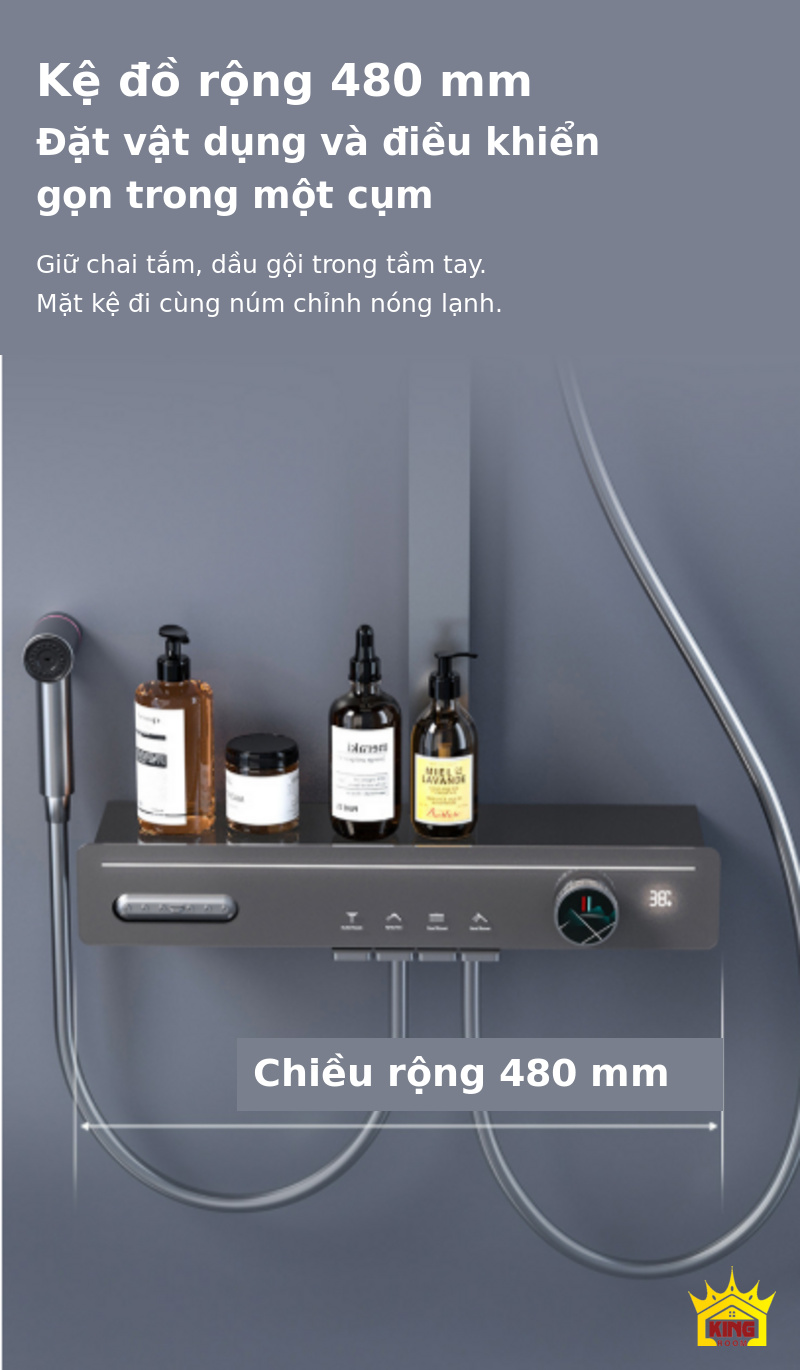 Kệ đồ và cụm điều khiển rộng 480 mm trên sen cây phím đàn KINGROOM 330 × 220 mm