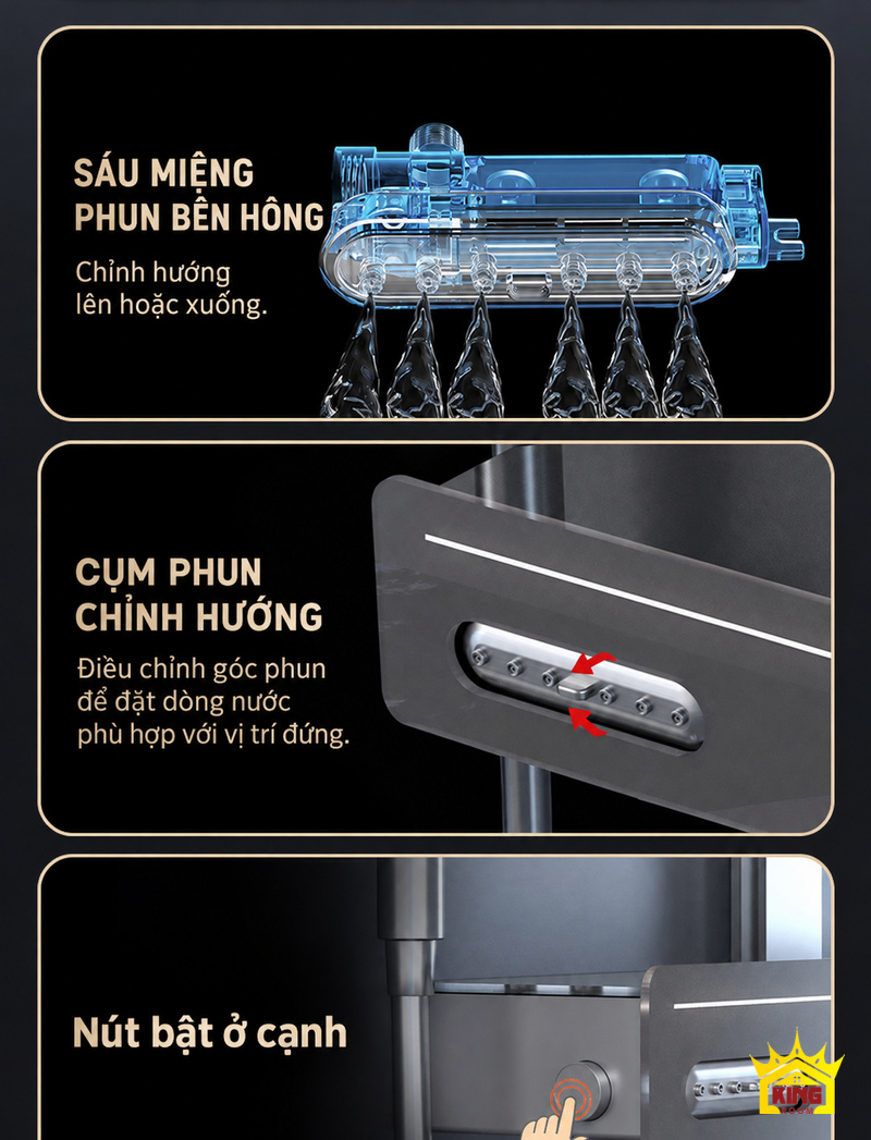 Sáu miệng phun bên hông có thể chỉnh hướng trên sen cây phím đàn KINGROOM 330 × 220 mm