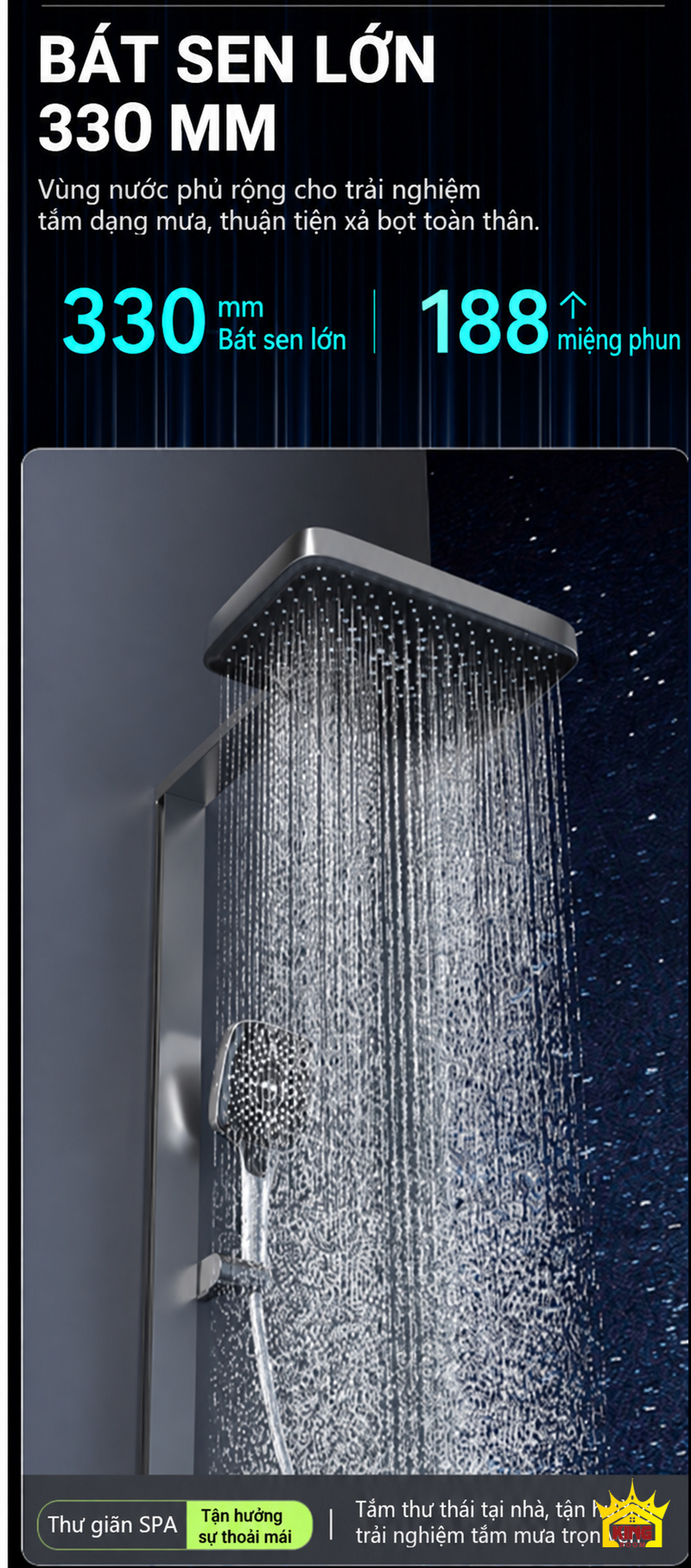 Bát sen 330 mm với 188 miệng phun trên sen cây phím đàn KINGROOM 330 × 220 mm