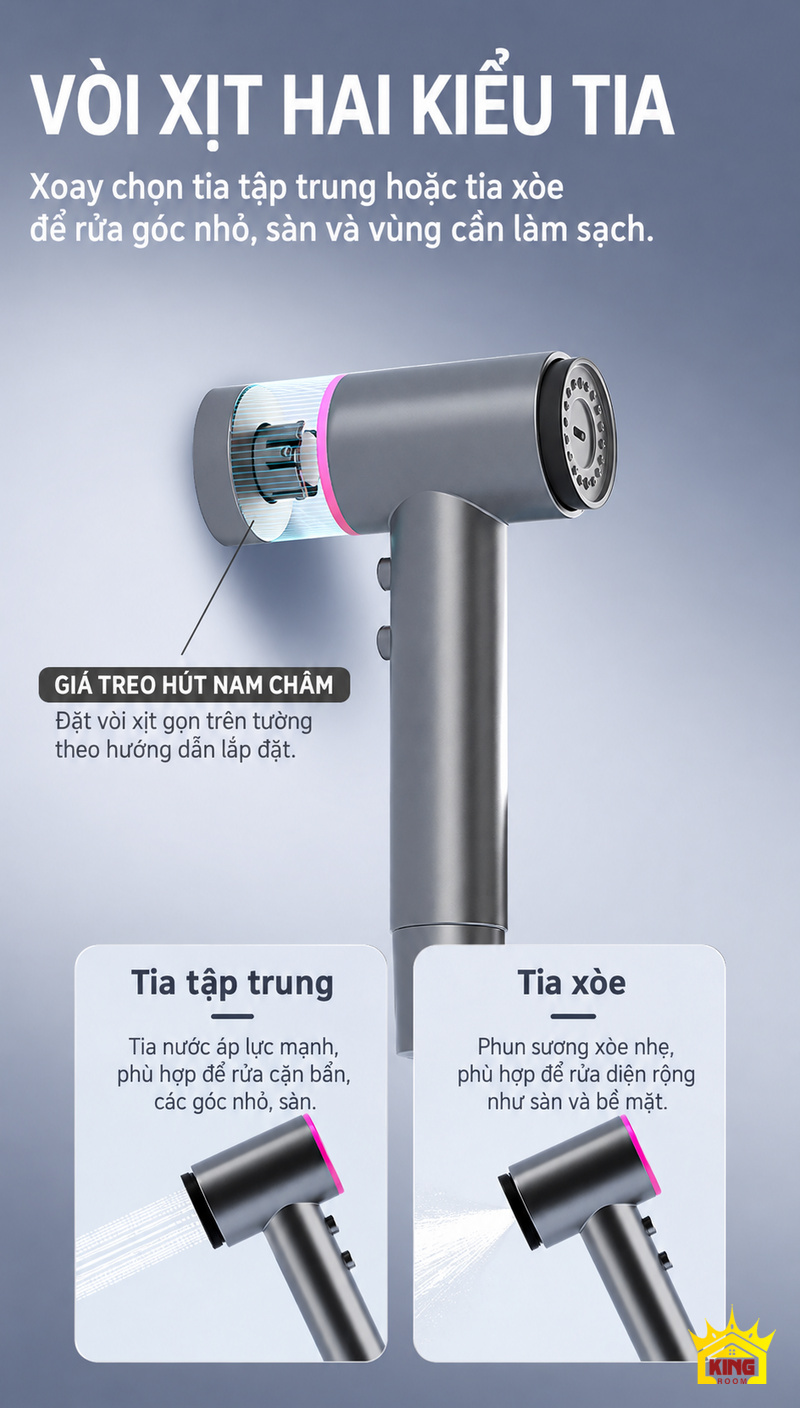 Vòi xịt hai kiểu tia và giá gắn tường trên sen cây phím đàn KINGROOM 330 × 220 mm