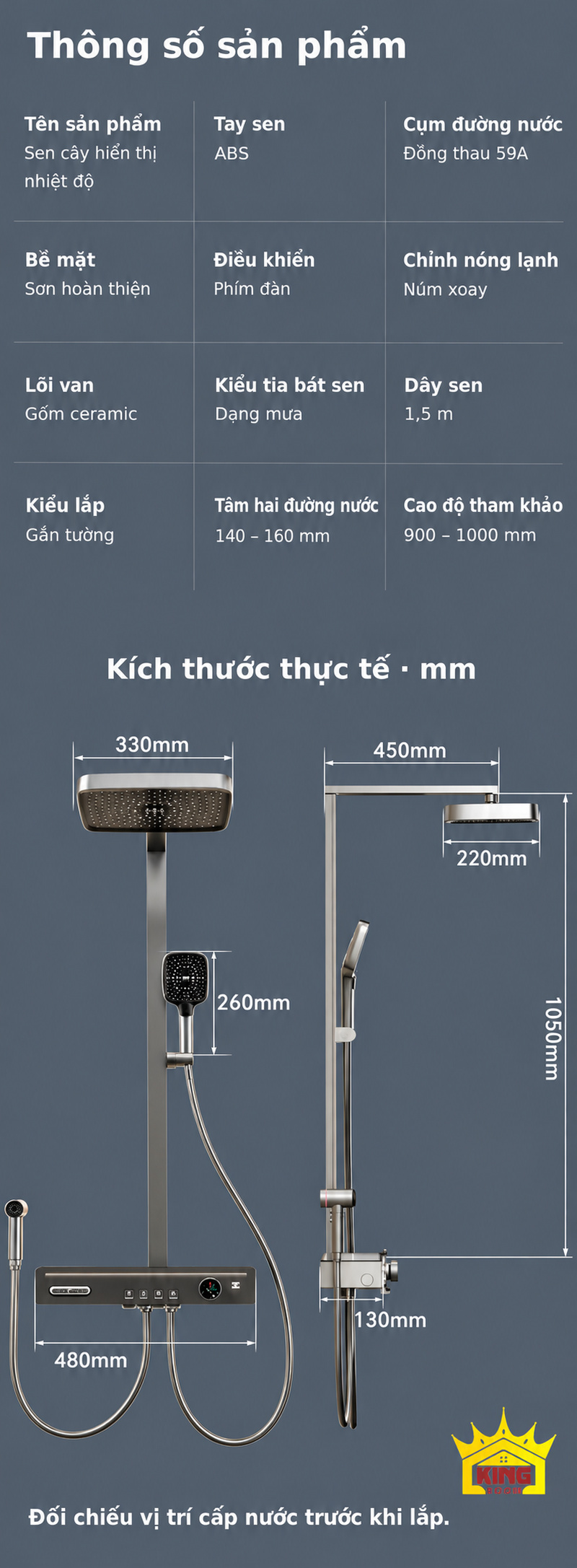 Thông số và bản vẽ lắp đặt trên sen cây phím đàn KINGROOM 330 × 220 mm