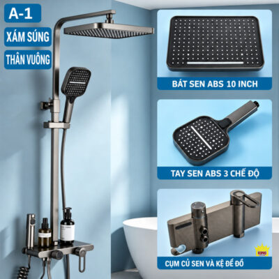 KINGROOM A-1 xám súng với bát sen ABS 10 inch, tay sen và cụm củ sen