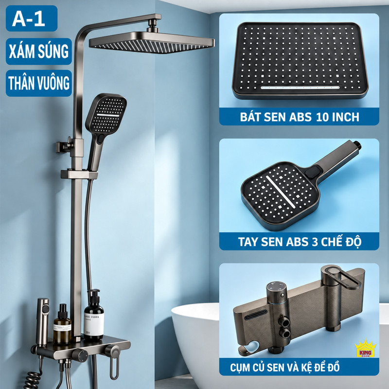 KINGROOM A-1 xám súng với bát sen ABS 10 inch, tay sen và cụm củ sen