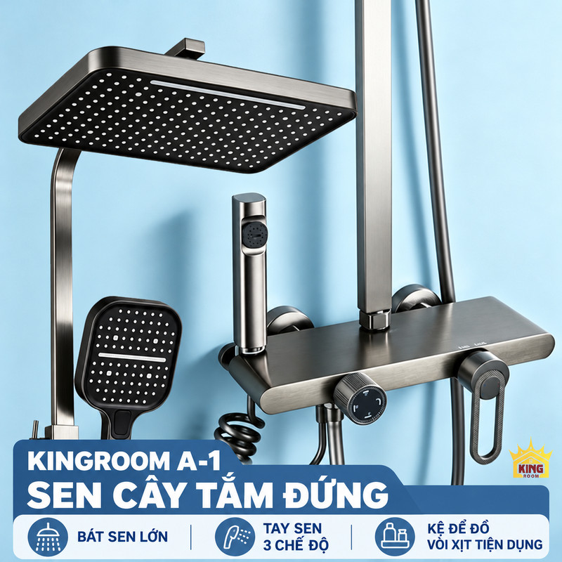 Bát sen vuông, tay sen, kệ và vòi xịt của KINGROOM A-1 xám súng