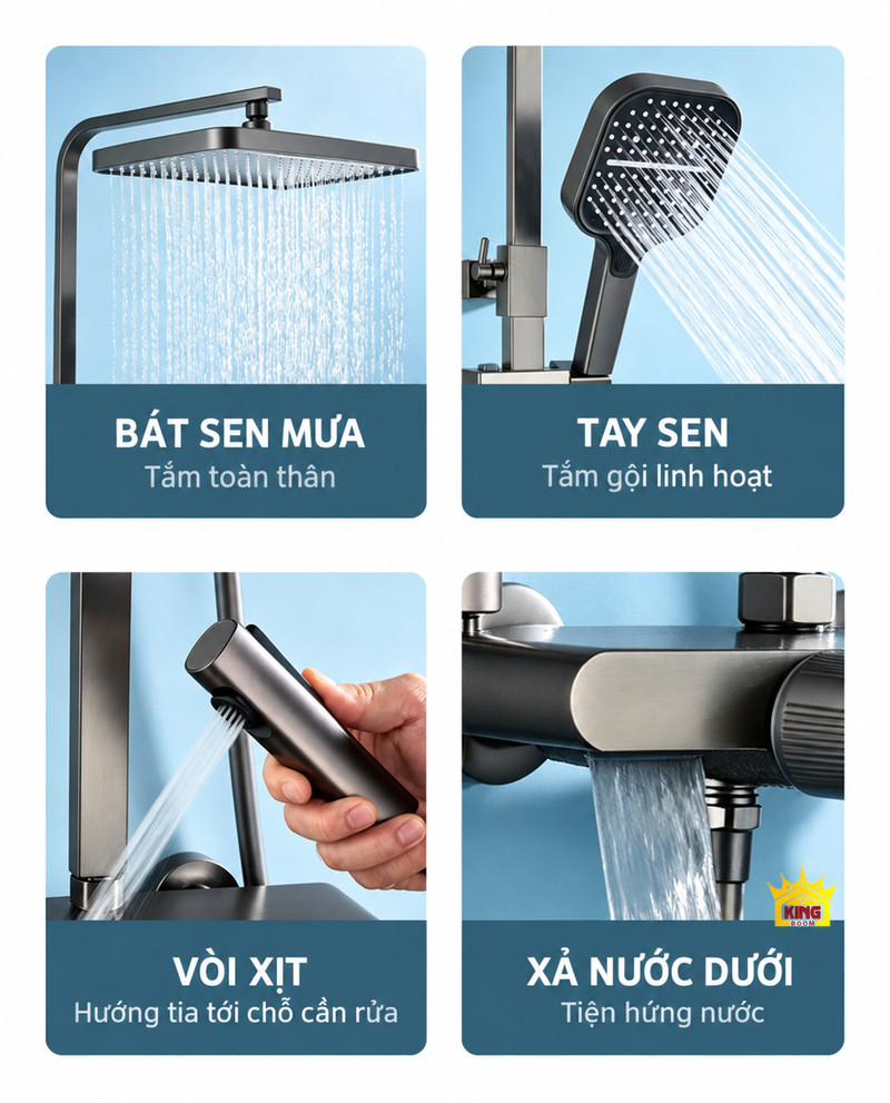 Bốn đầu ra nước trên A-1 Bát sen mưa, tay sen, vòi xịt và cửa xả dưới trên sen cây KINGROOM A-1