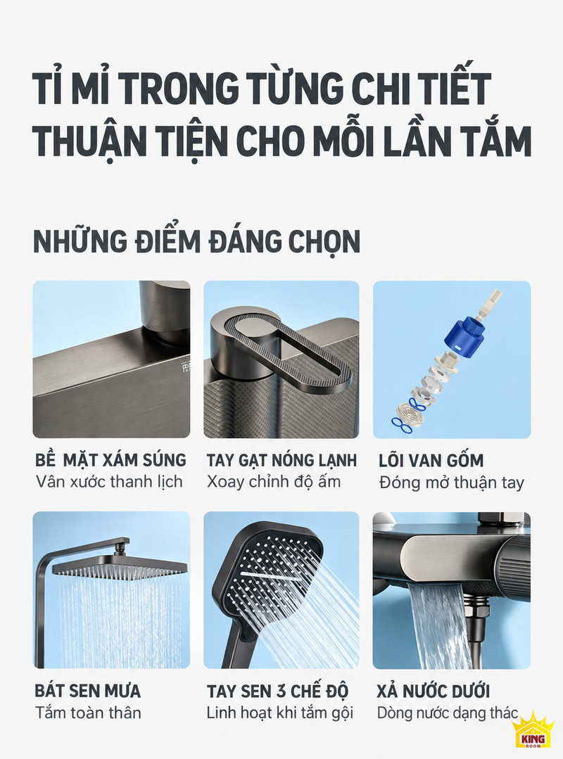 Sáu chi tiết tiện ích A-1 Sáu ảnh chi tiết của A-1 gồm lớp hoàn thiện, tay gạt, lõi van, bát sen, tay sen và xả dưới