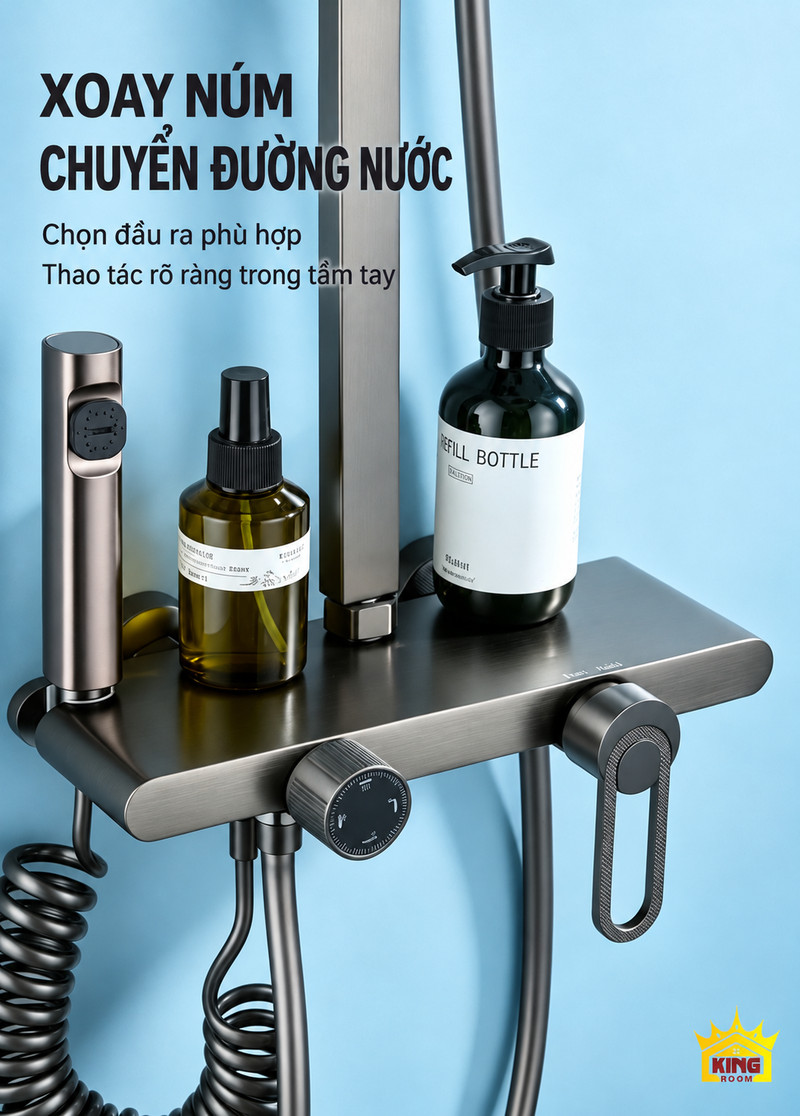 Kệ để đồ và núm chuyển nước Kệ xám súng trên củ sen A-1 đặt chai dầu gội cùng vòi xịt và núm chuyển