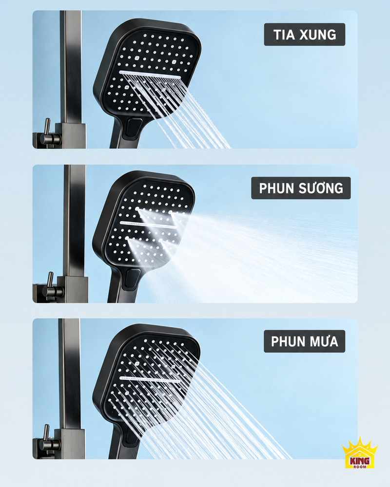Ba kiểu tia của tay sen A-1 Tay sen A-1 với tia xung, phun sương và phun mưa trong ba ảnh riêng