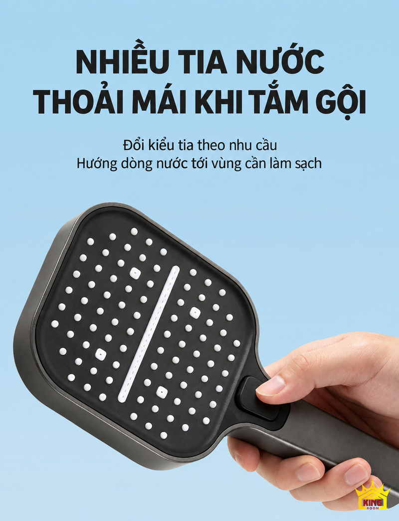 Mặt phun và nút bấm tay sen Bàn tay nhấn nút chuyển chế độ trên tay sen A-1 màu xám súng