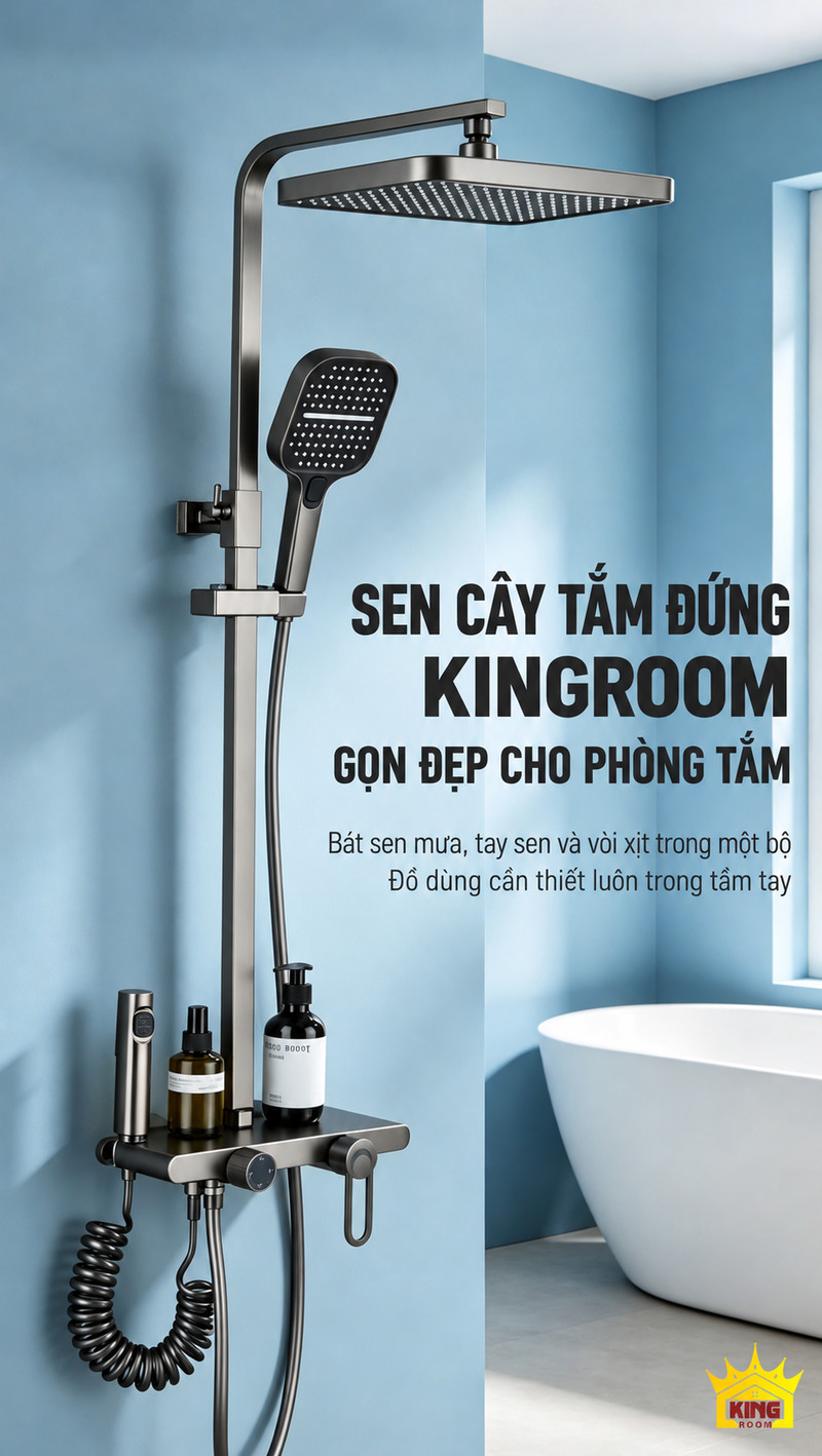 Thiết kế gọn và kệ để đồ Sen cây tắm đứng A-1 xám súng có kệ để dầu gội và sữa tắm trong phòng tắm