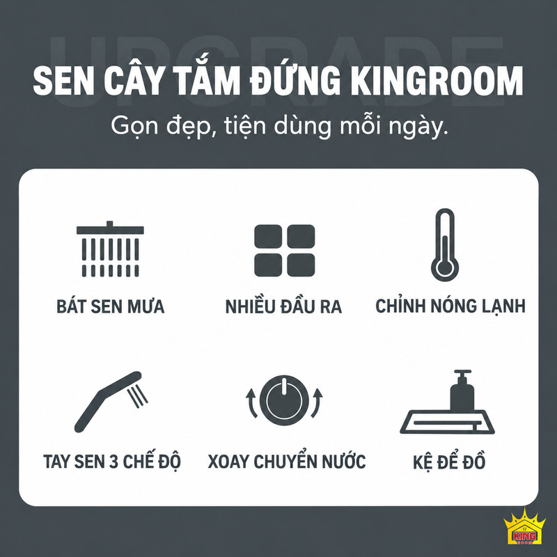 Tổng quan tính năng A-1 Bảng sáu tiện ích của sen cây A-1 gồm bát sen mưa, nhiều đầu ra, nóng lạnh, tay sen, núm xoay và kệ