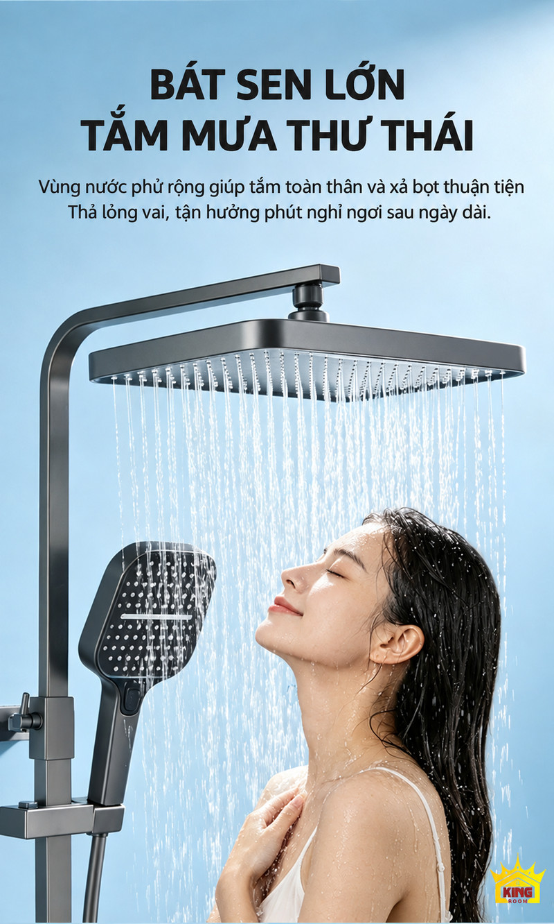 Trải nghiệm bát sen lớn A-1 Người dùng tắm dưới bát sen vuông A-1 với dòng nước phủ rộng