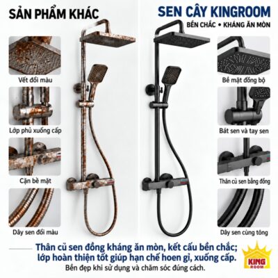 Sen Cây Tắm Đứng KINGROOM bát vuông, thân củ sen đồng đối chiếu với bề mặt hoen gỉ và chi tiết xuống cấp ở sản phẩm khác
