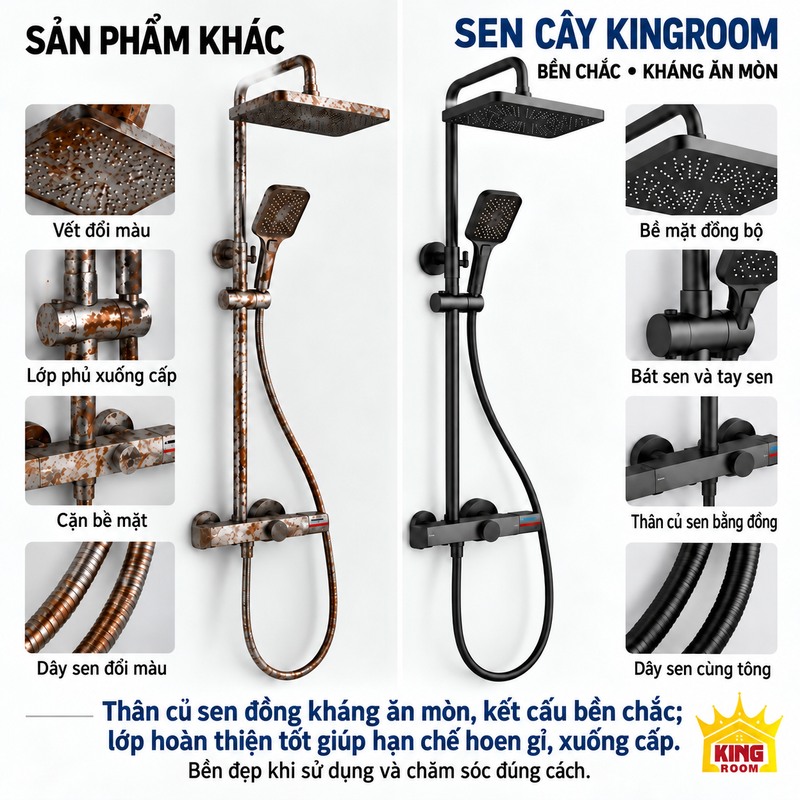 Sen Cây Tắm Đứng KINGROOM bát vuông, thân củ sen đồng đối chiếu với bề mặt hoen gỉ và chi tiết xuống cấp ở sản phẩm khác