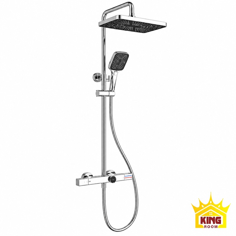 Bộ sen bát vuông màu chrome, tay sen mặt đen và củ sen dạng thanh.