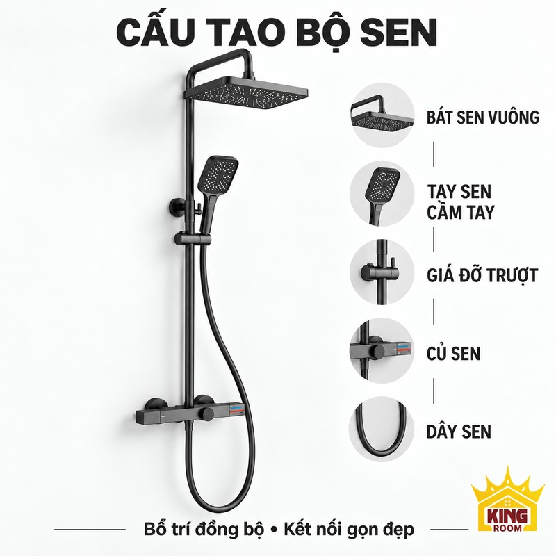 Các bộ phận của sen bát vuông Bộ sen xám súng với hình riêng bát vuông, tay sen, giá đỡ trượt, củ sen và dây sen.
