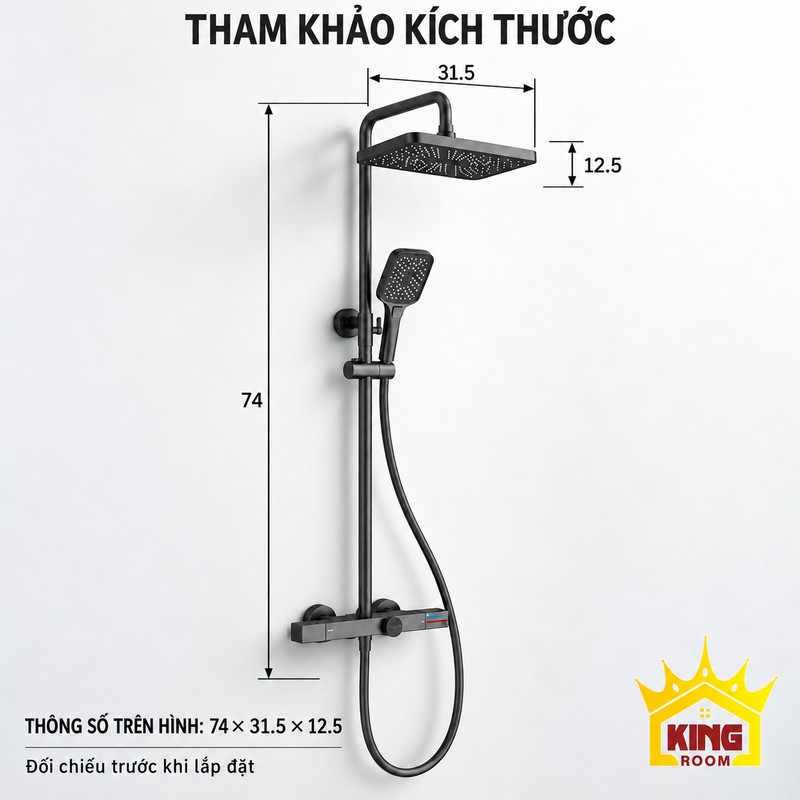 Sơ đồ kích thước sen bát vuông Sơ đồ bộ sen bát vuông với số đo 74, 31.5 và 12.5 giữ nguyên theo hình gốc.
