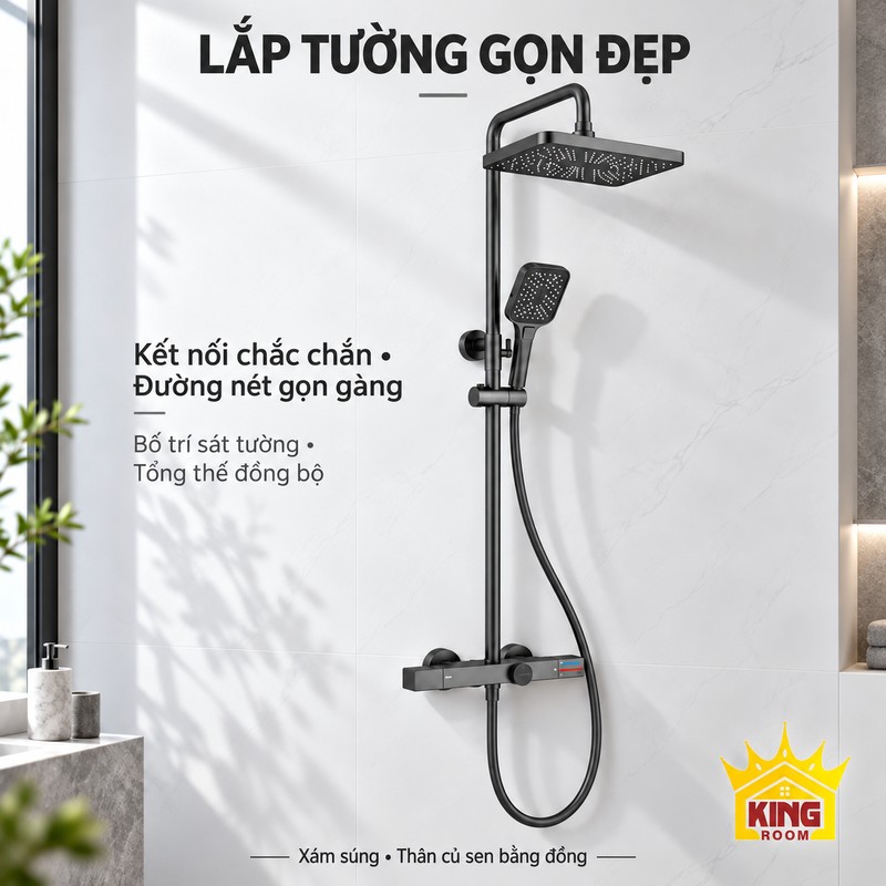 Sen bát vuông lắp tường Bộ sen bát vuông xám súng lắp trên tường sáng, tay sen đặt trên giá đỡ.