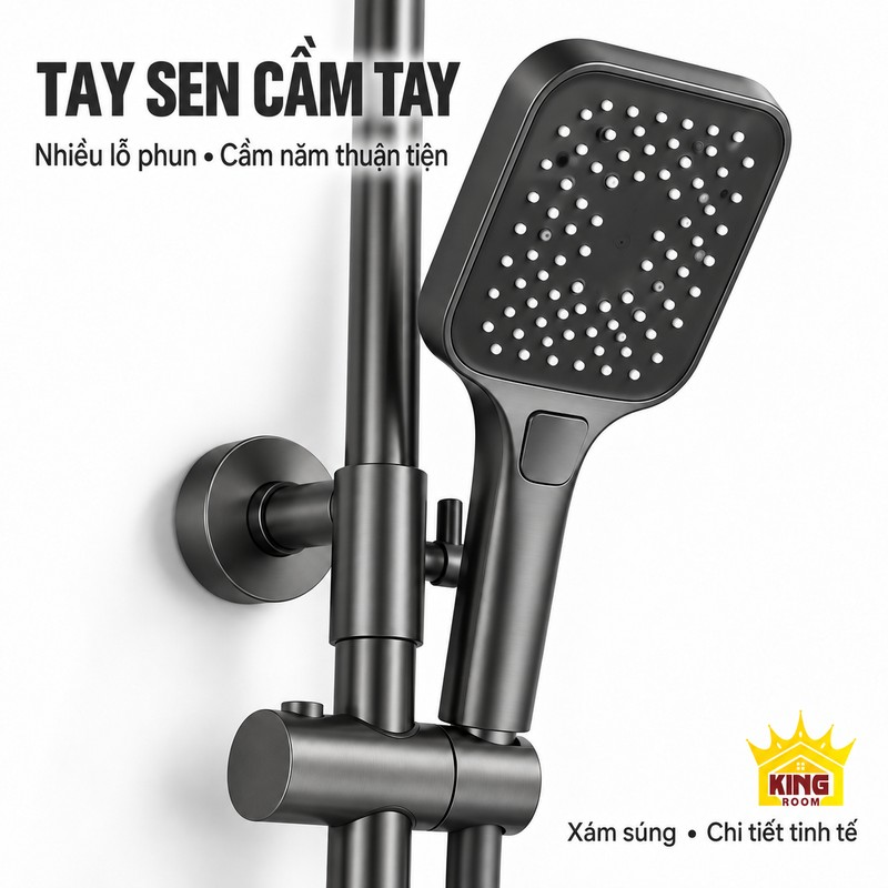 Tay sen mặt phun rộng Cận cảnh tay sen xám súng có mặt phun nhiều lỗ và tay cầm thon.