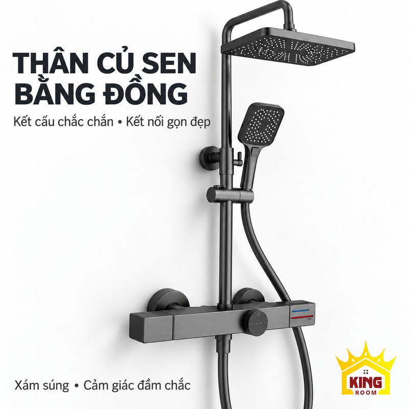 Thân củ sen đồng dạng thanh Cận cảnh củ sen xám súng dạng thanh, núm điều khiển và các kết nối cấp nước.