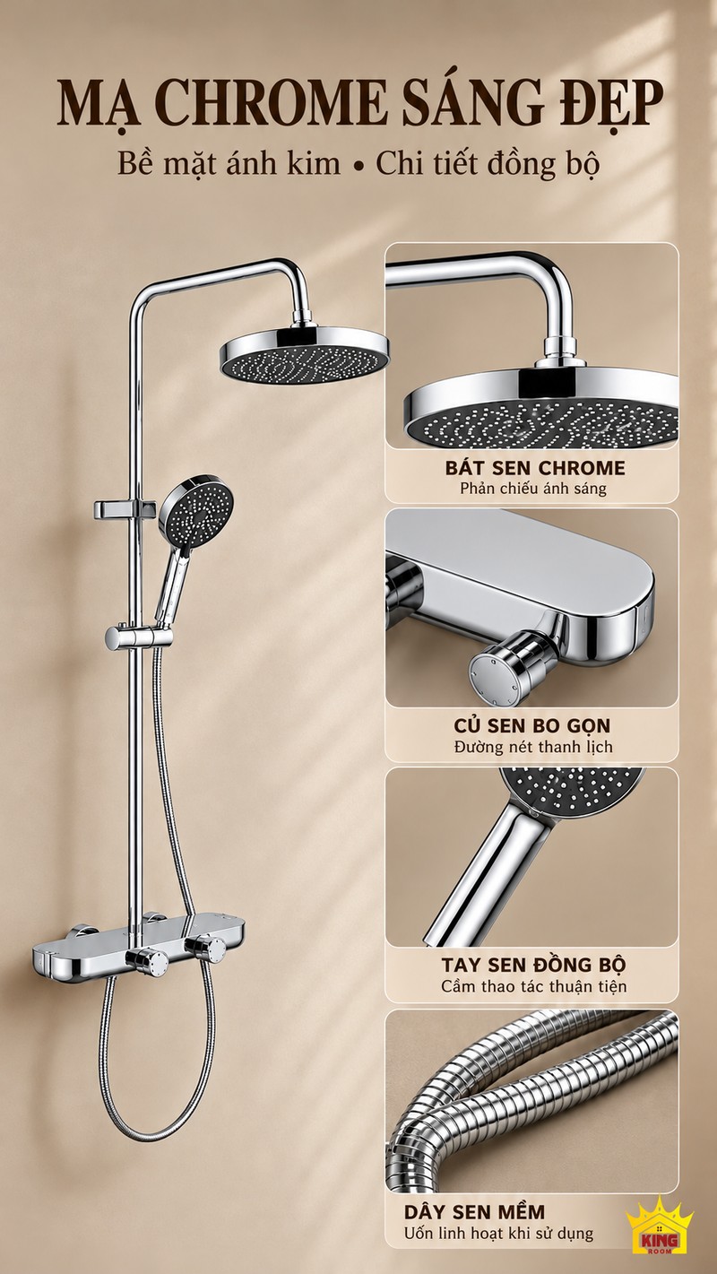 Bề mặt mạ chrome và chi tiết hoàn thiện Cận cảnh bát sen, củ sen, tay cầm và dây của bộ sen KINGROOM mạ chrome