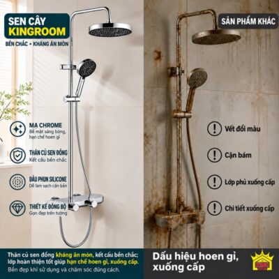 Sen cây tắm đứng KINGROOM chrome, bát tròn và khóa nhiệt 38°C đối chiếu với bề mặt hoen gỉ và chi tiết xuống cấp ở sản phẩm khác