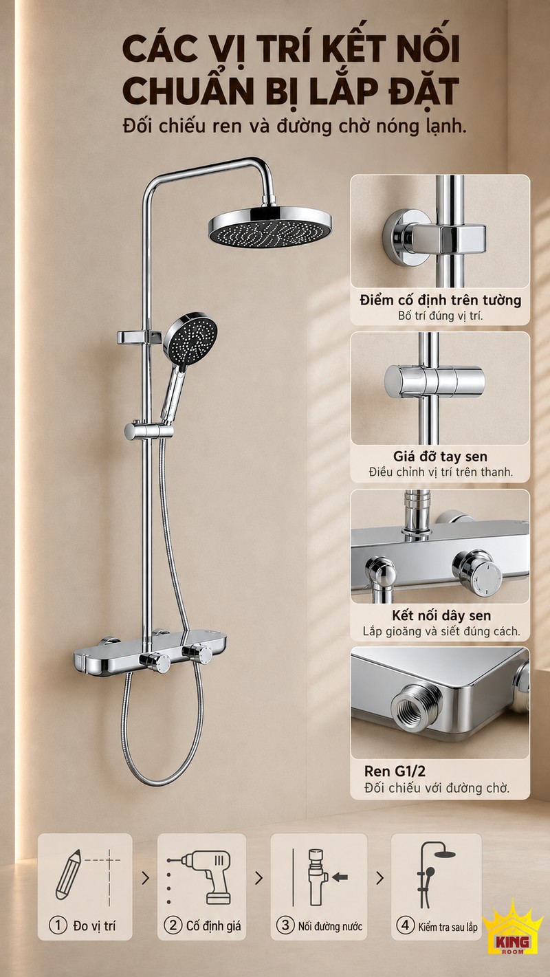 Kết nối ren G1/2 và các vị trí lắp Các đầu nối và điểm cố định của sen bát tròn KINGROOM, ren G1/2