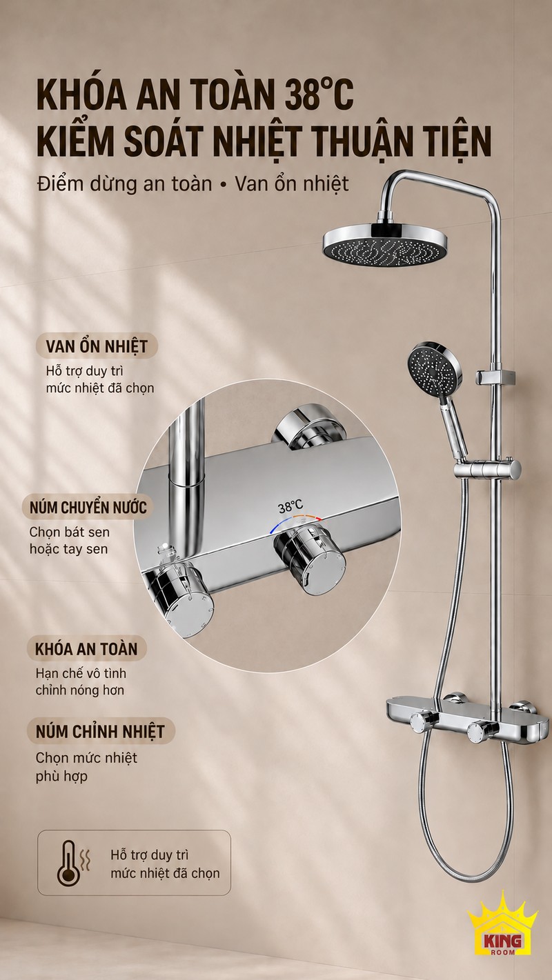 Khóa an toàn 38°C và núm chỉnh nhiệt Cận cảnh hai núm điều khiển và khóa an toàn 38°C của sen cây KINGROOM