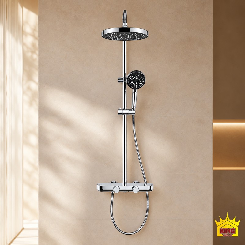 Sen cây KINGROOM chrome bát tròn lắp tường trong phòng tắm tông be