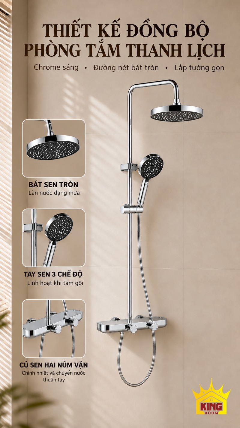 Thiết kế sen bát tròn đồng bộ Sen bát tròn KINGROOM chrome cùng các góc chi tiết trong phòng tắm