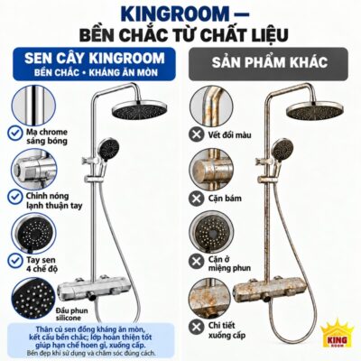 Sen cây tắm đứng KINGROOM chrome, bát tròn và tay sen 4 chế độ đối chiếu với bề mặt hoen gỉ và chi tiết xuống cấp ở sản phẩm khác