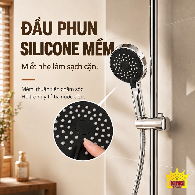 Đầu phun silicone mềm Mặt tay sen KINGROOM có đầu phun silicone và thao tác miết nhẹ làm sạch
