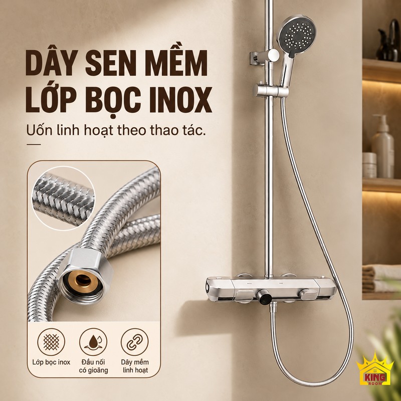 Dây sen mềm có lớp bọc inox Dây sen mềm của KINGROOM với cận cảnh lớp bọc inox và đầu nối