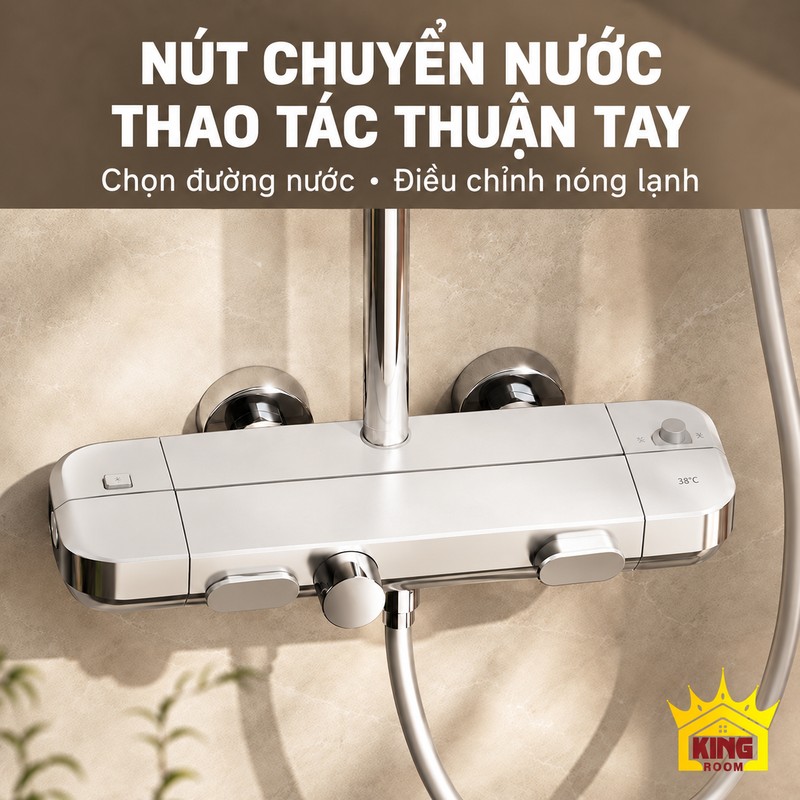 Nút chuyển nước và núm chỉnh nóng lạnh Cận cảnh các nút chuyển nước trên củ sen KINGROOM chrome