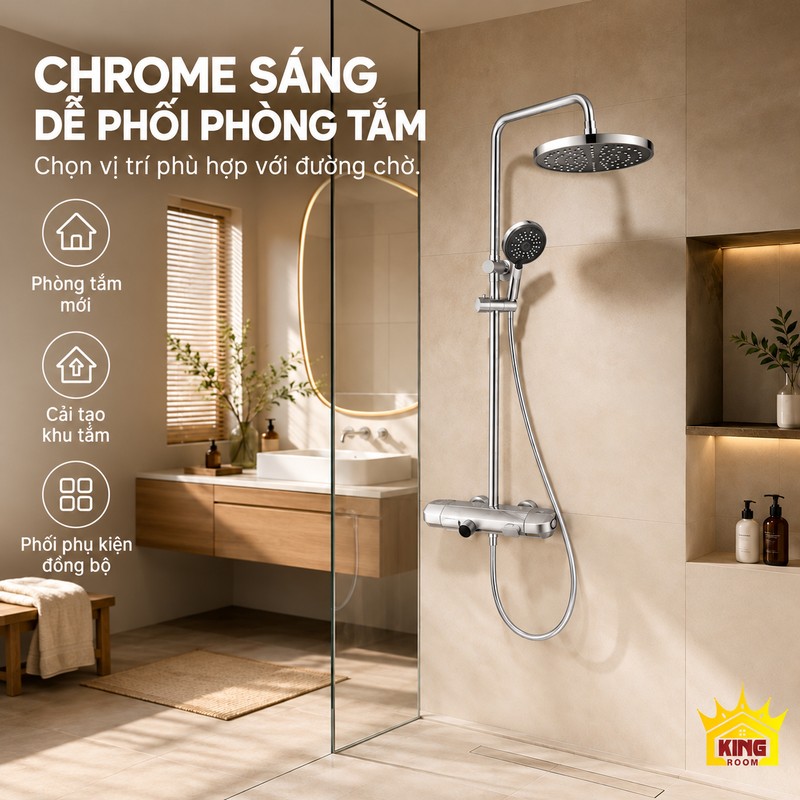 Phối bộ sen chrome trong phòng tắm Sen cây KINGROOM chrome bát tròn trong phòng tắm có vách kính