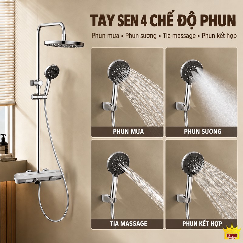 Tay sen 4 chế độ phun Tay sen tròn KINGROOM với phun mưa, phun sương, tia massage và phun kết hợp